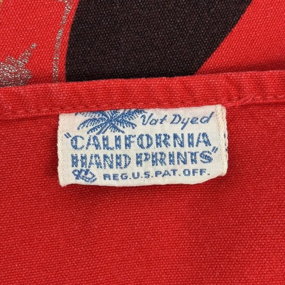 California Hand Prints 50/60s Red Christmas Tablecloth Atomic Reindeer 52x64 MCM
